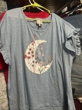 Light Blue Ruffle Sleeve Tee with Floral Crescent Moon